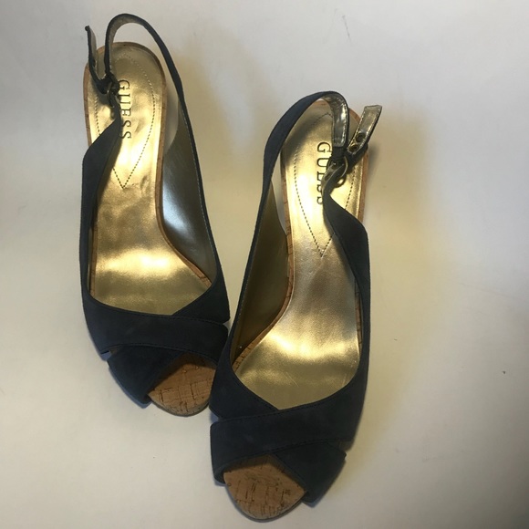 GUESS Blue Suede Cork Sling Back Peep Toe Platform - Picture 5 of 10
